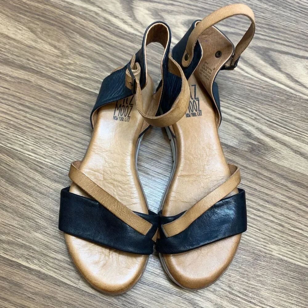 Miz Mooz Women's Shep Leather Sandal Size 38 Flat Ankle Strap Tan Black Casual‎